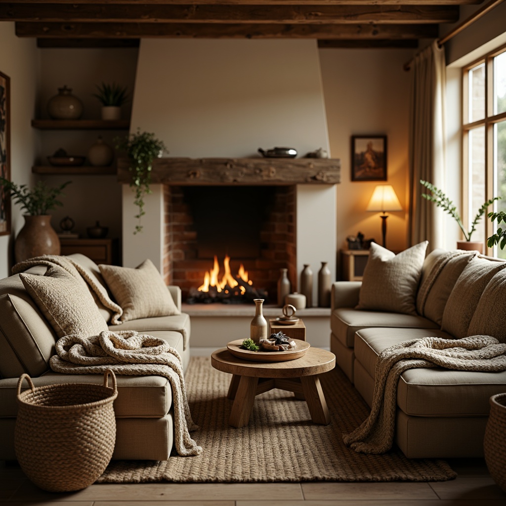 Prompt: Cozy living room, plush throw blankets, woven baskets, natural fiber upholstery, warm beige walls, rustic wooden furniture, soft candlelight, crackling fireplace, comfy couches, velvety pillows, intricate knitted patterns, earthy color palette, ambient warm lighting, shallow depth of field, 1/1 composition, realistic textures, subtle fabric details.