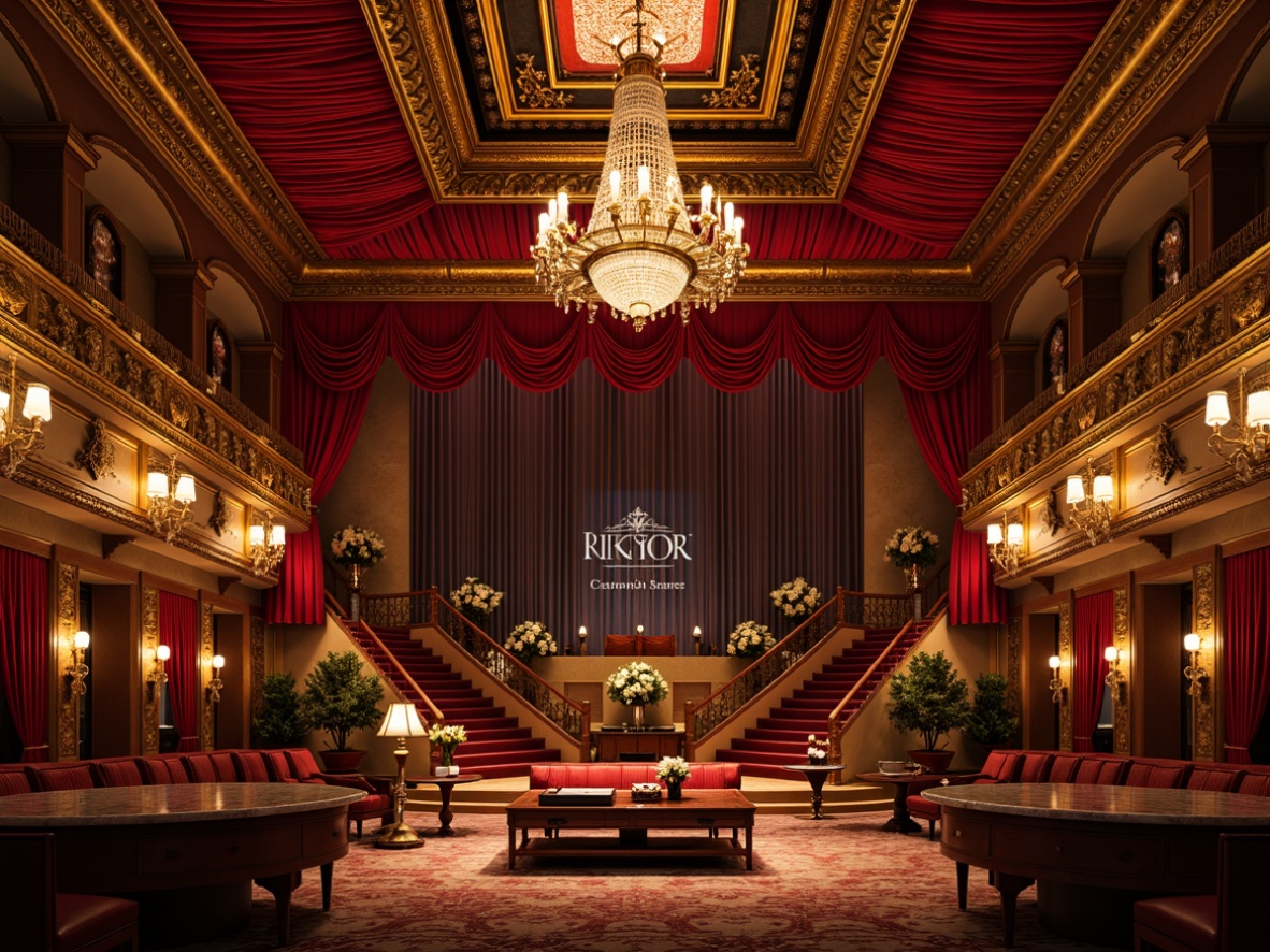 Prompt: Opulent theater, rich velvet drapes, ornate golden frames, crystal chandeliers, lavish furnishings, intricate carvings, grandiose staircases, majestic archways, luxurious upholstery, vibrant crimson accents, dramatic spotlights, warm candlelight, Baroque-inspired patterns, gilded details, marble countertops, stately columns, regal atmosphere, 3/4 composition, shallow depth of field, realistic textures, ambient occlusion.