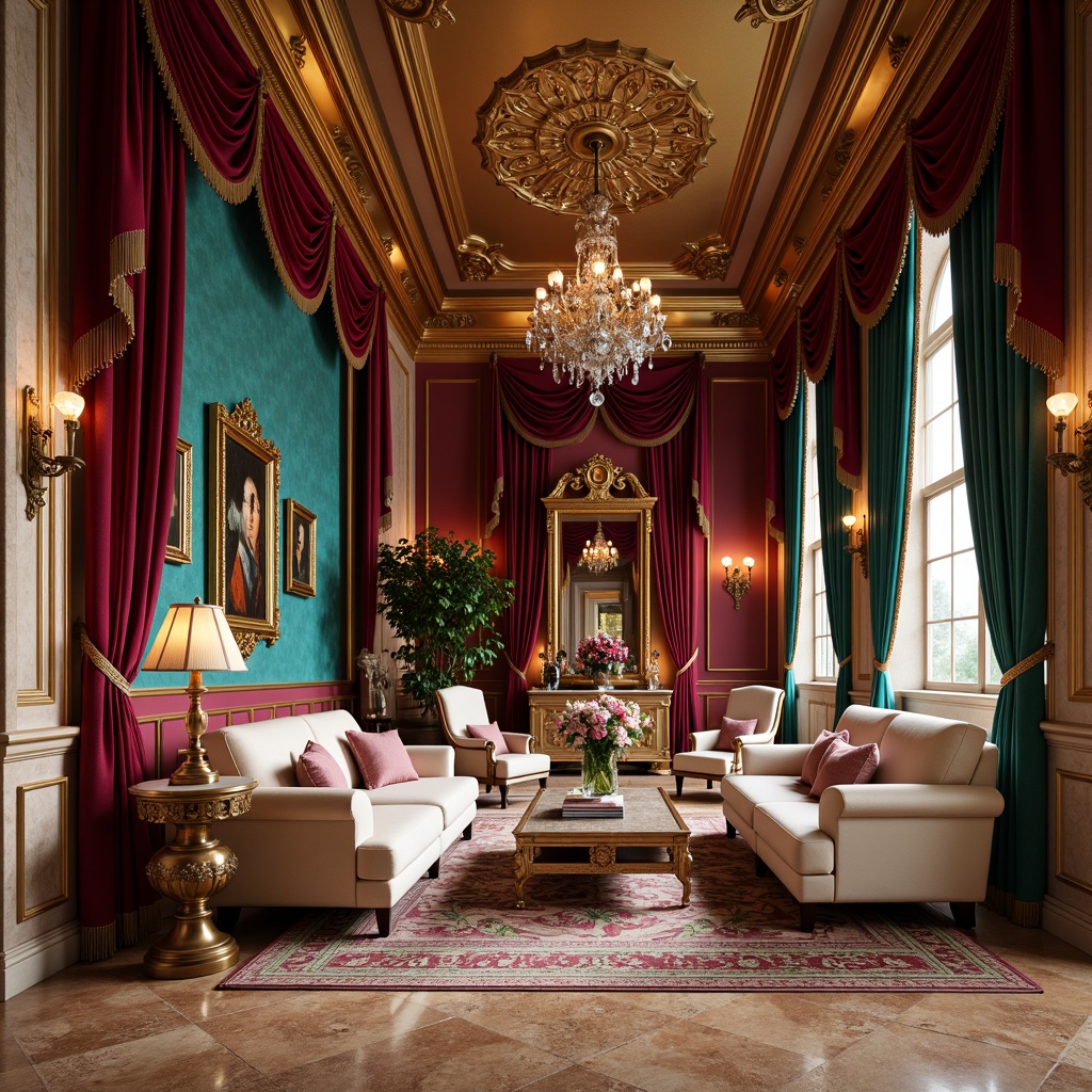 Prompt: Rich velvet drapes, ornate golden frames, luxurious crimson red walls, opulent turquoise accents, lavish cream furnishings, intricate patterned rugs, dramatic candelabra lighting, grandiose chandelier centerpieces, sumptuous silk upholstery, majestic stone columns, regal purple highlights, warm beige marble floors, elegant curved lines, refined Baroque details, soft warm glow, shallow depth of field, 1/1 composition, realistic textures.