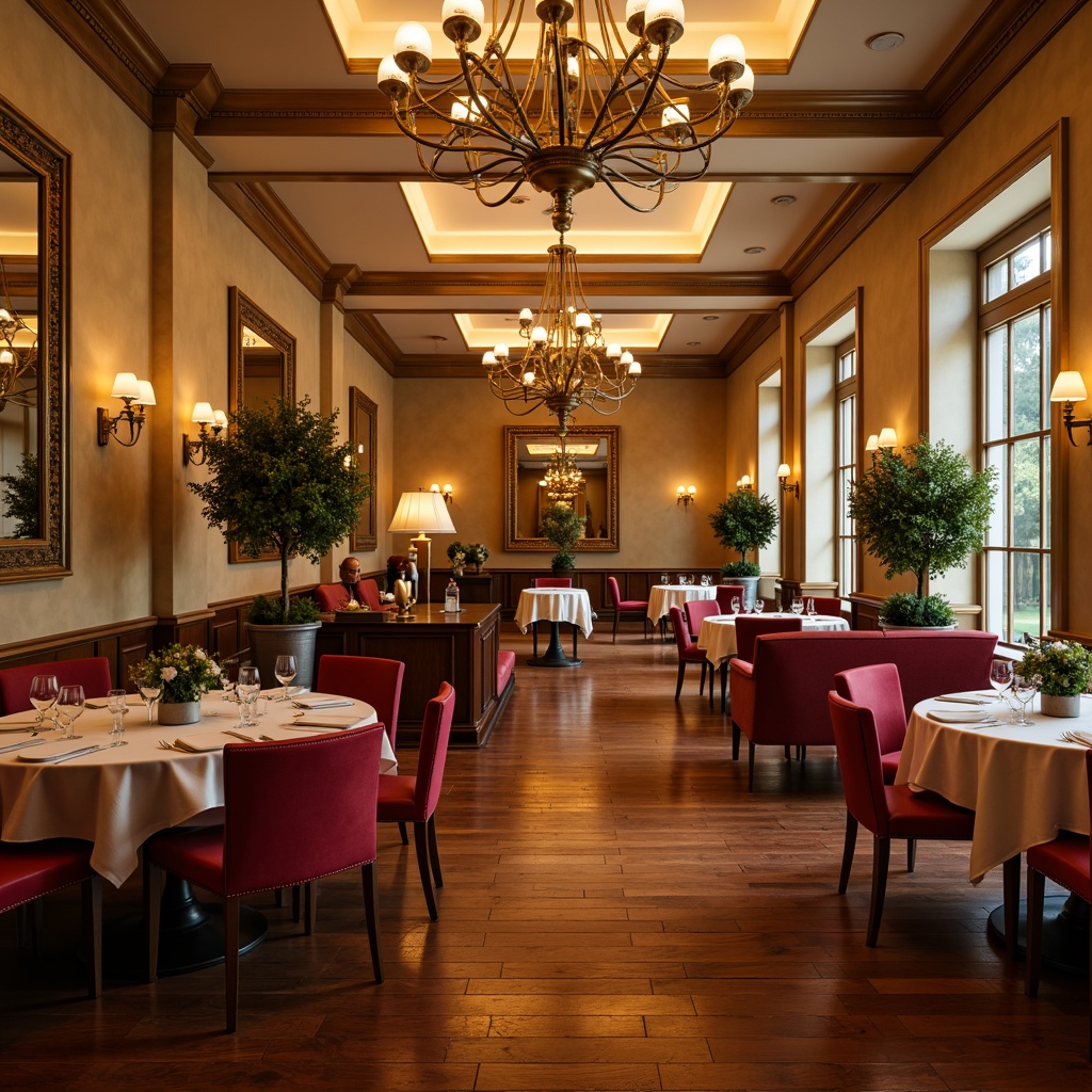 Prompt: Elegant dining hall, luxurious chandeliers, rich wood flooring, warm beige walls, plush velvet furniture, ornate mirrors, crystal glassware, sophisticated silverware, lavish flower arrangements, soft golden lighting, 1/2 composition, intimate atmosphere, realistic reflections, ambient occlusion.