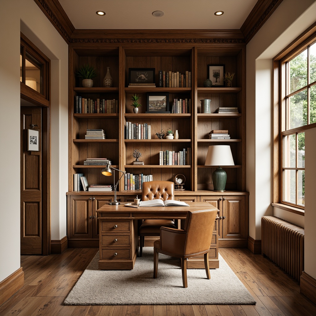 Prompt: Rustic wooden desk, vintage leather chair, earthy tone bookshelves, warm beige walls, soft cream flooring, natural stone accents, distressed metal frames, classic library lamps, cozy reading nook, comfortable plush rug, rich walnut wood trim, elegant crown molding, subtle texture variations, softbox lighting, 1/2 composition, shallow depth of field, realistic material reflections.