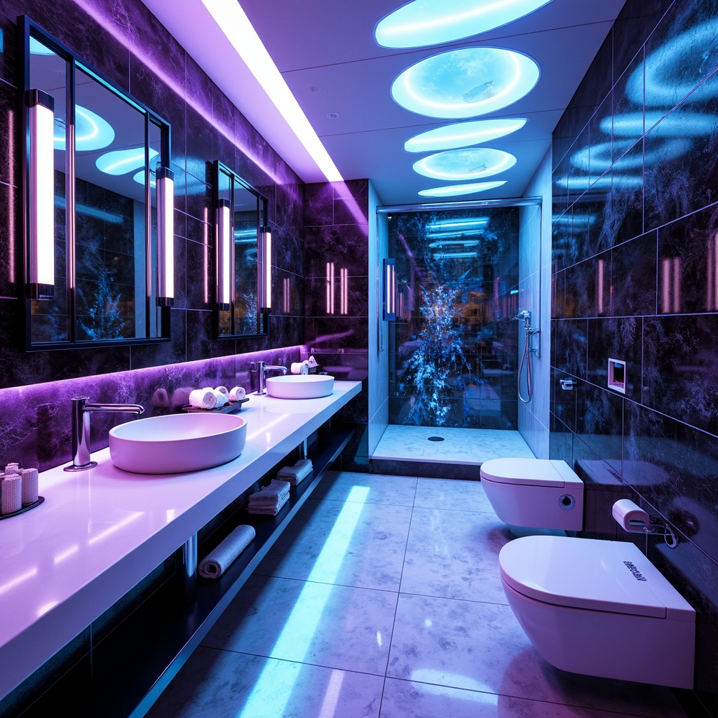 Prompt: Futuristic bathroom interior, iridescent glass tiles, neon blue accents, metallic chrome fixtures, sleek white countertops, ambient LED lighting, holographic mirror reflections, virtual reality-inspired patterns, cyberpunk-inspired color scheme, electric purple hues, glossy black surfaces, high-tech gadgetry, minimalist sink basins, wall-mounted toilets, futuristic shower enclosures, atmospheric misting systems, 3/4 composition, shallow depth of field, realistic textures, ambient occlusion.