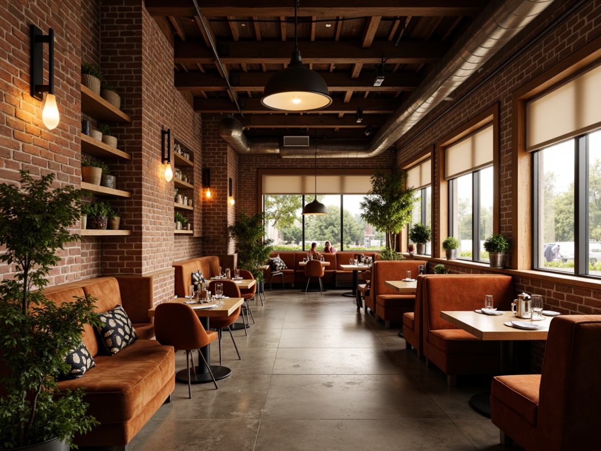 Prompt: Cozy restaurant interior, exposed brick walls, reclaimed wood accents, polished concrete floors, plush velvet upholstery, metallic lighting fixtures, industrial-chic decor, earthy tone color palette, natural textiles, woven baskets, potted greenery, warm ambiance, soft golden lighting, shallow depth of field, 1/1 composition, realistic materials, ambient occlusion.