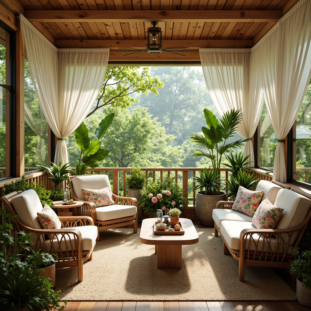 Prompt: Cozy sunroom, lush greenery, natural light, warm wooden accents, comfortable wicker furniture, plush cushions, soft pastel colors, elegant drapery, sheer curtains, glass tables, decorative vases, fresh flowers, potted plants, tropical patterns, woven baskets, ambient lighting, 1/1 composition, shallow depth of field, realistic textures.