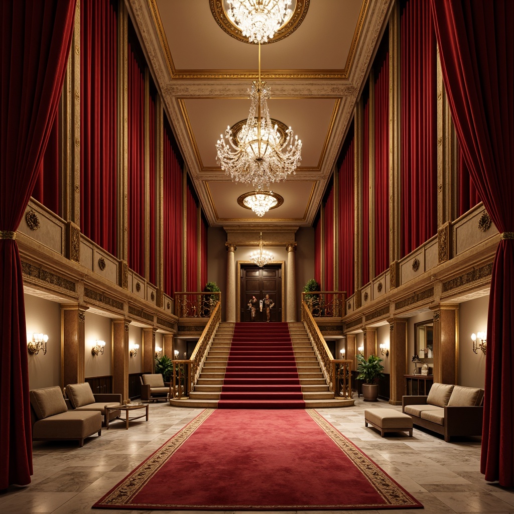 Prompt: Rich velvet curtains, ornate golden frames, crystal chandeliers, marble floors, grand staircase, luxurious red carpet, lavish furnishings, intricate moldings, neoclassical columns, ornamental plasterwork, dramatic spotlights, warm softbox lighting, shallow depth of field, 1/2 composition, symmetrical arrangement, opulent textures, subtle ambient occlusion, majestic auditorium, elegant balconies.