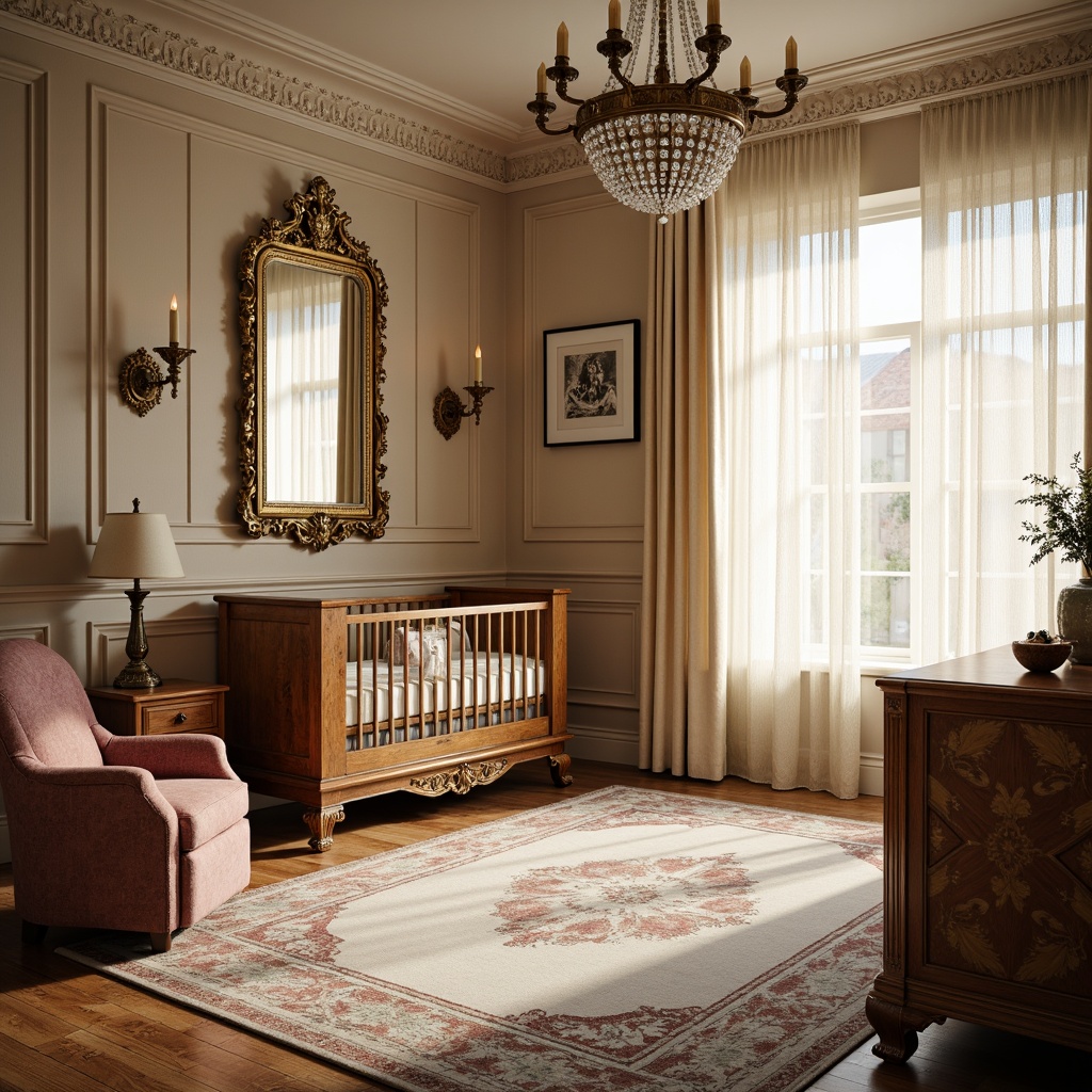 Prompt: Luxurious baby room, rich wood furniture, velvet upholstery, metallic accents, ornate mirrors, geometric patterns, soft pastel colors, plush area rugs, crystal chandeliers, delicate lace curtains, antique-inspired cribs, art deco styled dressers, rounded edges, polished chrome hardware, sophisticated wall art, warm golden lighting, shallow depth of field, 1/2 composition, realistic textures, ambient occlusion.