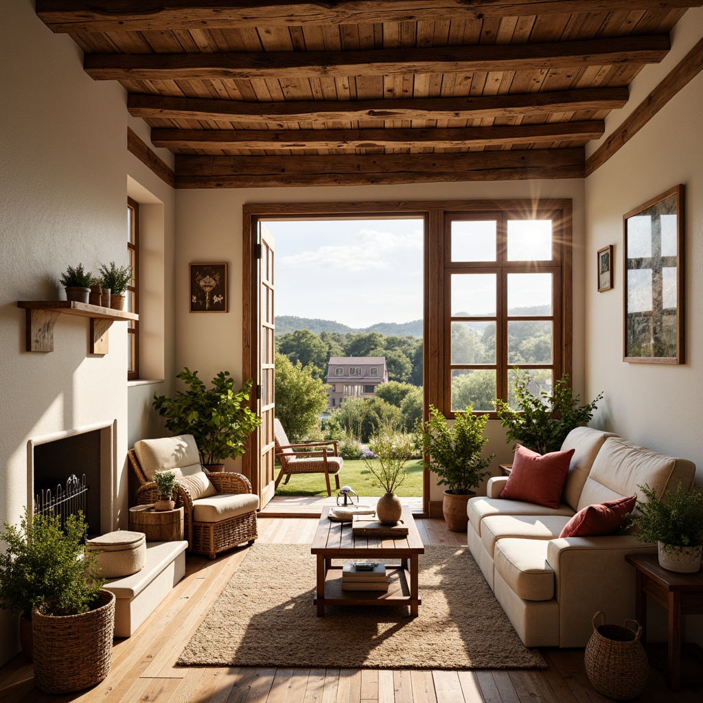 Prompt: Rustic farmhouse interior, warm earthy tones, distressed wood accents, vintage metal decorations, soft natural light, creamy whites, weathered wooden beams, brick reds, mossy greens, sandy neutrals, plush textiles, woven baskets, potted plants, countryside views, cozy reading nooks, inviting atmosphere, warm golden lighting, shallow depth of field, 1/2 composition, realistic textures, ambient occlusion.