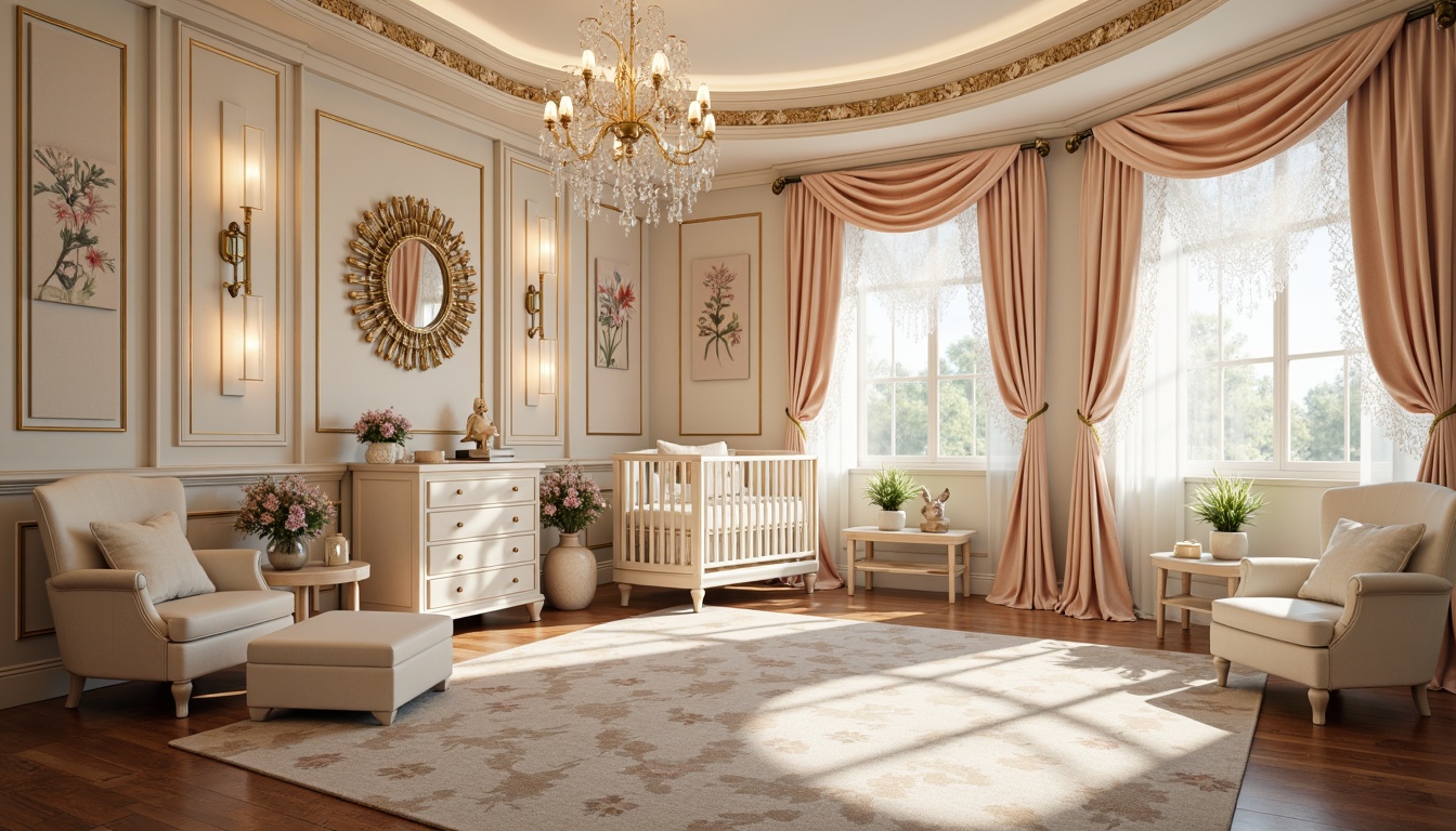 Prompt: Luxurious baby nursery, soft pastel colors, ornate metallic accents, elegant curved lines, plush velvet fabrics, gleaming crystal chandeliers, warm golden lighting, delicate lace curtains, vintage-inspired furniture, rich wood tones, creamy marble surfaces, geometric patterned rugs, whimsical mobiles, gentle ambient glow, shallow depth of field, 1/1 composition, softbox lighting, realistic textures, subtle shadows.