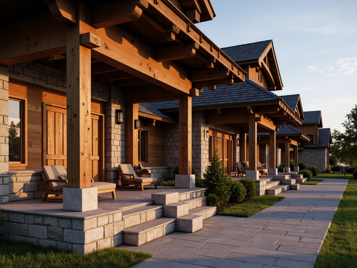 Prompt: Rustic wooden accents, earthy color palette, natural stone foundations, pitched roofs, overhanging eaves, exposed beams, wooden trusses, cozy porches, square columns, ornate trims, handcrafted details, rich textures, warm ambient lighting, shallow depth of field, 3/4 composition, realistic materials, organic patterns.