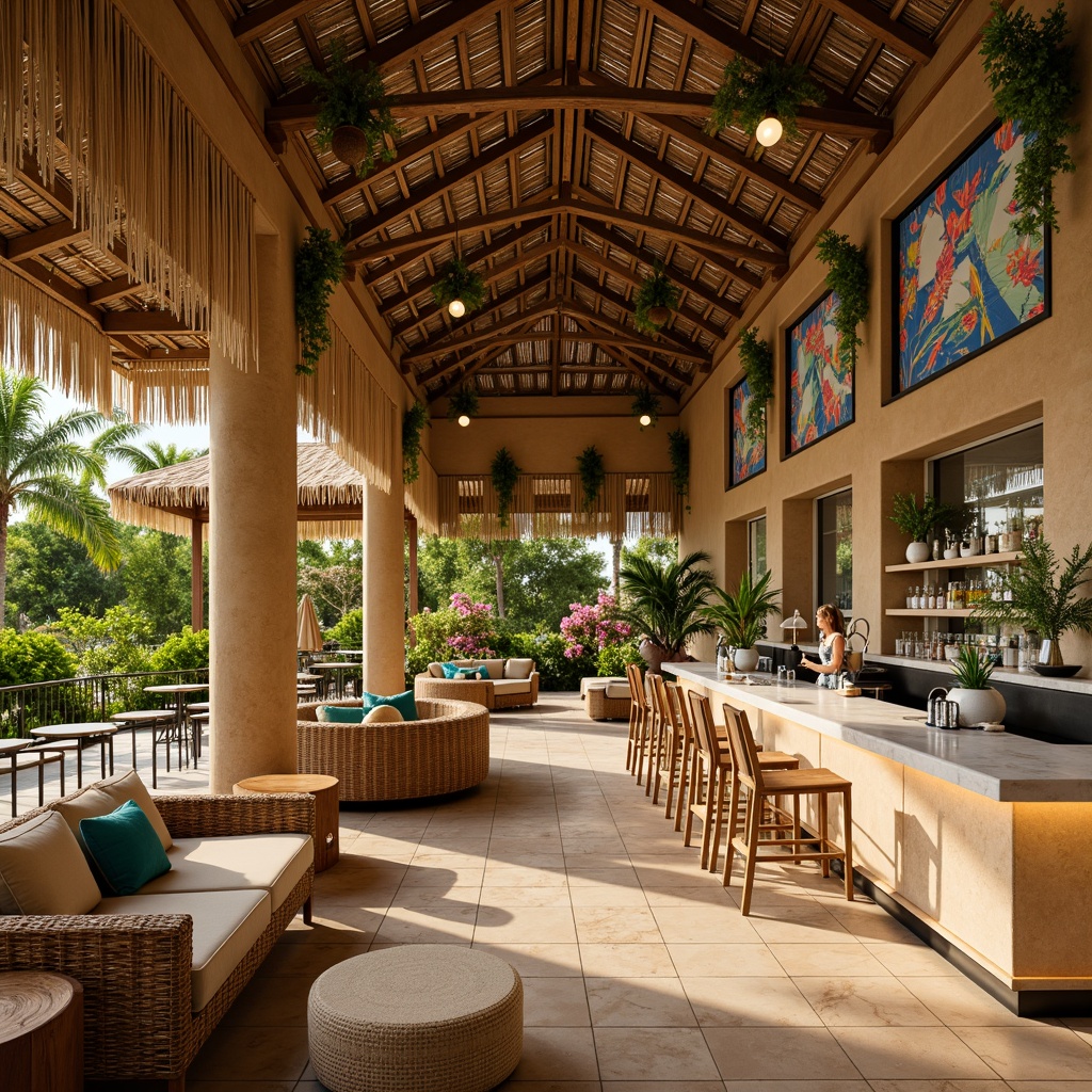 Prompt: Vibrant tropical bar interior, warm sandy beige walls, rich wooden accents, lush greenery, exotic floral patterns, colorful tiki torches, woven rattan furniture, natural fiber textiles, coral-inspired decorative accessories, bright turquoise blue hues, sunny yellow shades, creamy white marble countertops, polished chrome metal fixtures, ambient warm lighting, soft focus blur, 1/1 composition, realistic reflections, detailed textures.