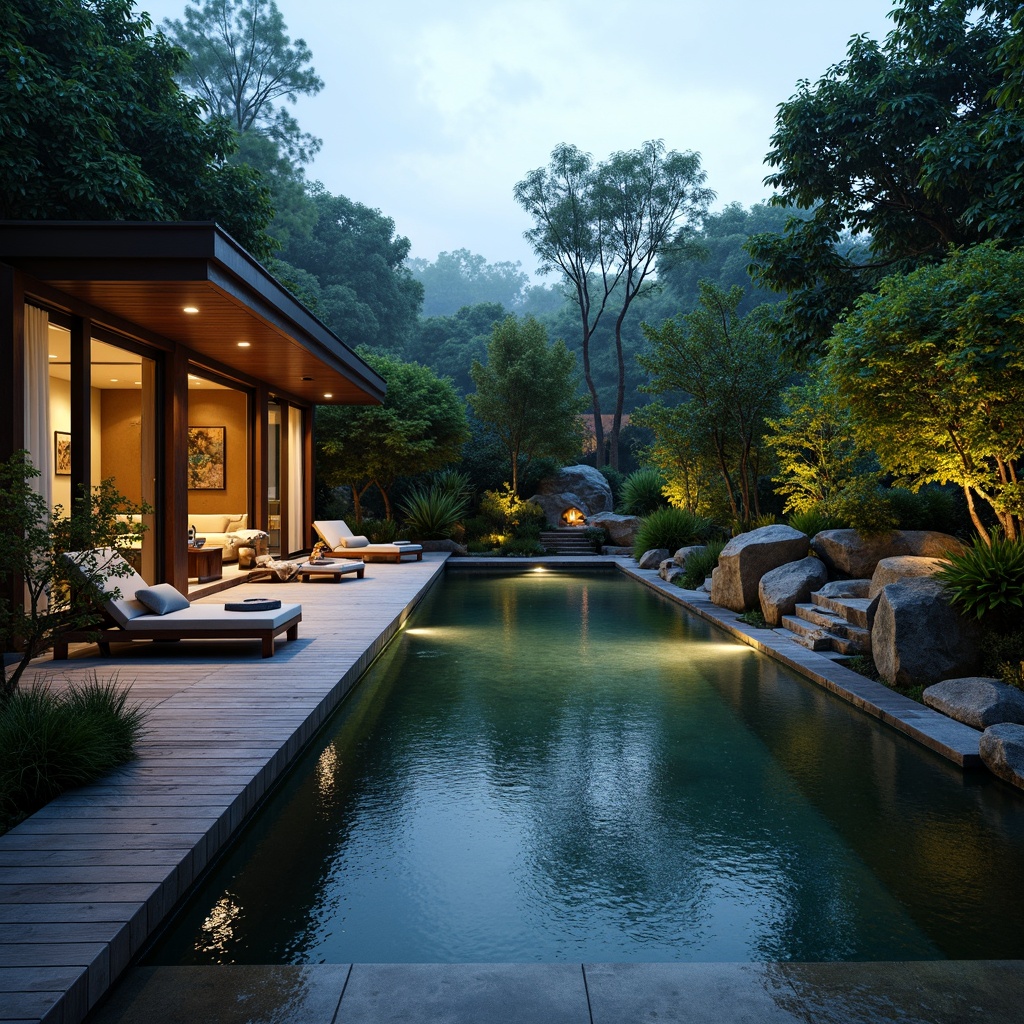 Prompt: Serenely landscaped Asian-style swimming pool, natural stone waterfalls, tranquil koi pond, lush greenery, tropical plants, subtle lighting, warm misty atmosphere, wooden deck, traditional Japanese architecture, sliding glass doors, minimalist design, modern amenities, infinity edge, crystal clear water, gentle flowing streams, peaceful ambiance, 1/1 composition, shallow depth of field, soft warm lighting, realistic textures.