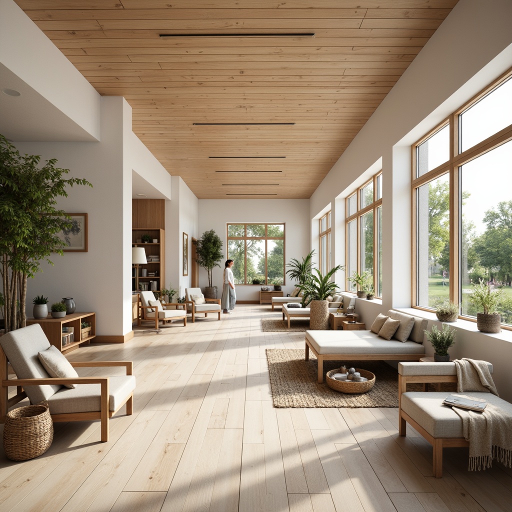 Prompt: Light-filled Scandinavian rehabilitation center, wooden accents, minimal ornamentation, functional furniture, ergonomic chairs, adjustable desks, soft pastel colors, natural textiles, woven baskets, cozy throw blankets, floor-to-ceiling windows, greenery views, calming atmosphere, warm wood tones, Nordic-inspired decorative elements, subtle patterns, gentle color palette, accessible pathways, wheelchair-friendly spaces, adaptive equipment, soothing ambient lighting, shallow depth of field, 3/4 composition, realistic textures, ambient occlusion.