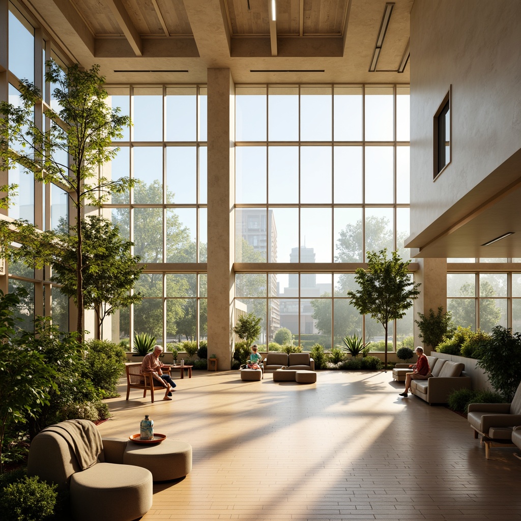 Prompt: Spacious rehabilitation center, abundant natural light, floor-to-ceiling windows, minimalist interior design, wooden floors, calming color palette, comfortable seating areas, lush greenery, plants, warm sunny day, soft diffused lighting, shallow depth of field, 1/1 composition, realistic textures, ambient occlusion.