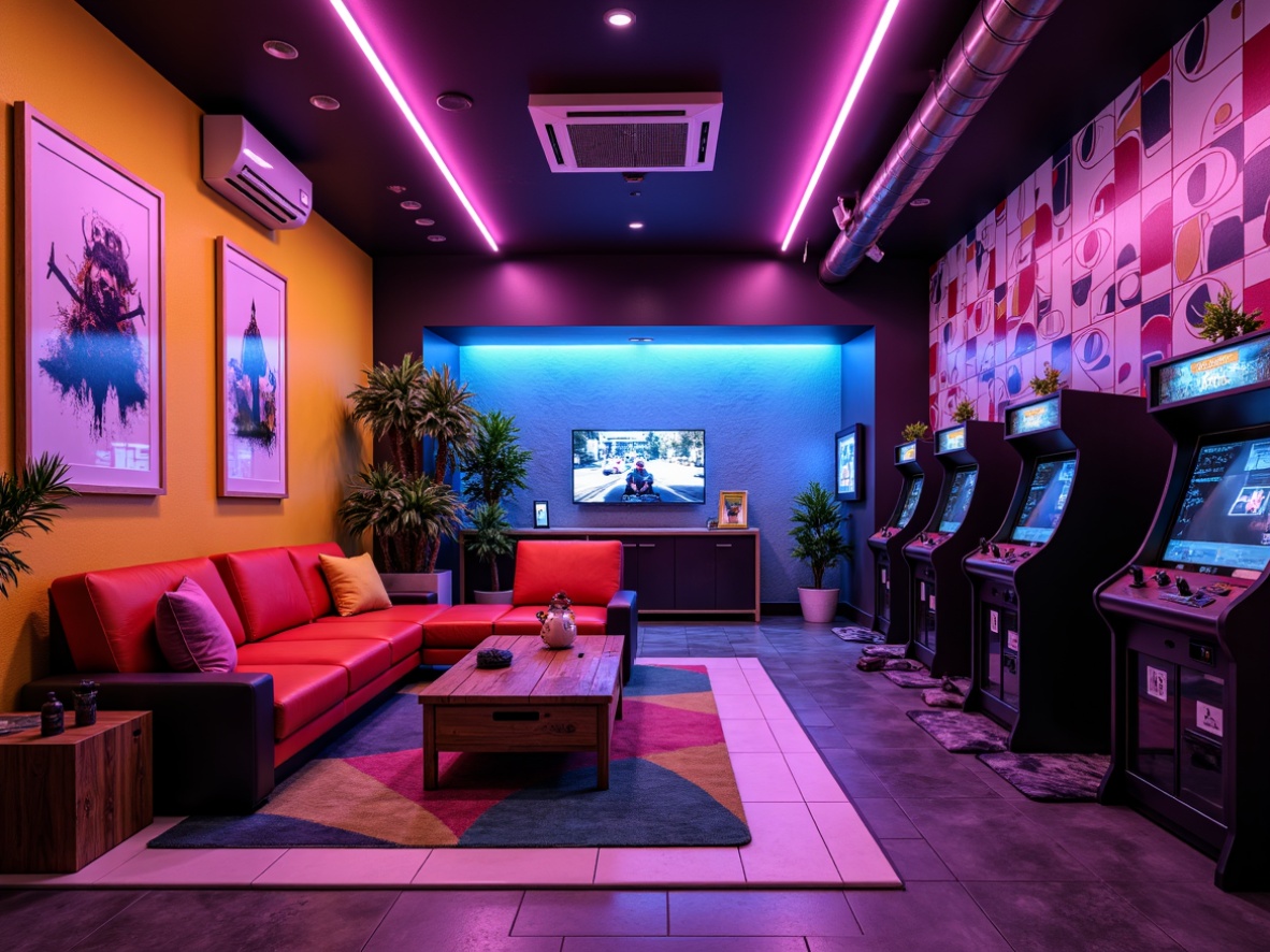 Prompt: Vibrant game room, bold color schemes, neon lights, futuristic arcade machines, retro console stations, cozy seating areas, plush carpets, geometric patterned rugs, abstract artwork, eclectic decorative accents, industrial metal shelves, reclaimed wood coffee tables, modern minimalist desks, ergonomic gaming chairs, surround sound systems, LED strip lighting, dramatic ceiling fixtures, cinematic wall murals, immersive VR experiences.