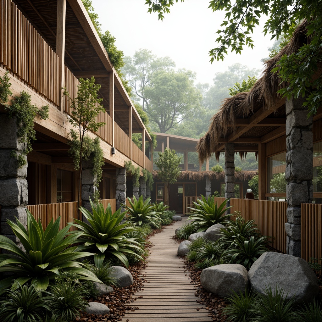 Prompt: Wildlife reserve, rustic wooden fences, natural stone walls, earthy tones, organic textures, reclaimed wood accents, living roofs, greenery overhangs, bamboo enclosures, wooden bridges, meandering pathways, tropical plants, exotic trees, misty atmosphere, warm soft lighting, 1/2 composition, intimate close-ups, realistic fur textures, ambient occlusion.