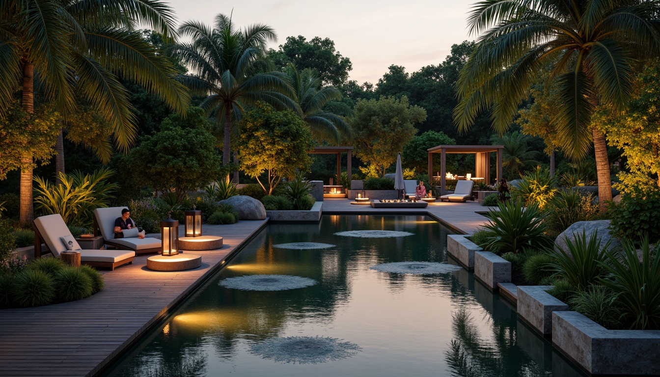 Prompt: Serene water features, lush greenery, natural stone surrounds, wooden decking, subtle warm lighting, lantern-inspired fixtures, soft glow, gentle ripples, peaceful ambiance, tropical plants, bamboo accents, minimalist design, low-profile seating, shallow water effects, misting systems, sunset warm colors, ambient illumination, 1/1 composition, realistic textures, atmospheric rendering.