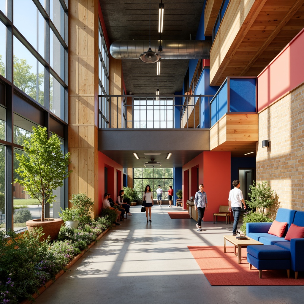 Prompt: Vibrant student hall, modern architecture, bold color scheme, energetic atmosphere, youthful vibes, warm beige walls, rich wood accents, deep blue furniture, bright coral highlights, lively green decorations, industrial chic lighting, polished concrete floors, sleek metal fixtures, urban loft-inspired design, natural light pouring in, airy open spaces, cozy nooks, collaborative study areas, dynamic social hubs, eclectic art pieces, inspirational quotes, motivational typography.