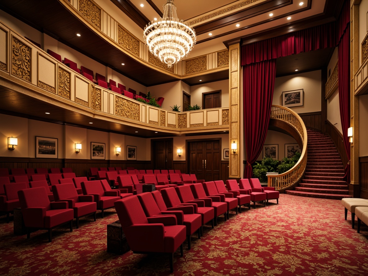 Prompt: Elegant performing arts center, transitional style architecture, grand foyer, sweeping staircases, ornate chandeliers, plush red velvet seats, curved rows of seating, intimate stage settings, rich wood accents, soft warm lighting, dramatic spotlights, 1/1 composition, shallow depth of field, realistic textures, ambient occlusion, luxurious carpets, intricate patterns, gold leaf details, refined metallic fixtures.