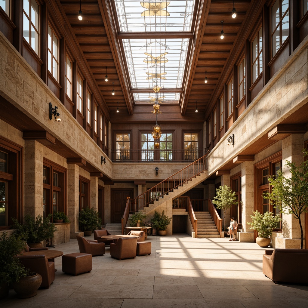 Prompt: Rustic courthouse building, earthy tones, natural stone walls, wooden accents, large windows, clerestory windows, skylights, stained glass ceilings, warm beige floors, rich wood paneling, classic columns, ornate details, grand staircase, elegant chandeliers, soft diffused light, warm afternoon sun, low-angle sunlight, dramatic shadows, 1/2 composition, symmetrical framing, realistic textures, ambient occlusion.