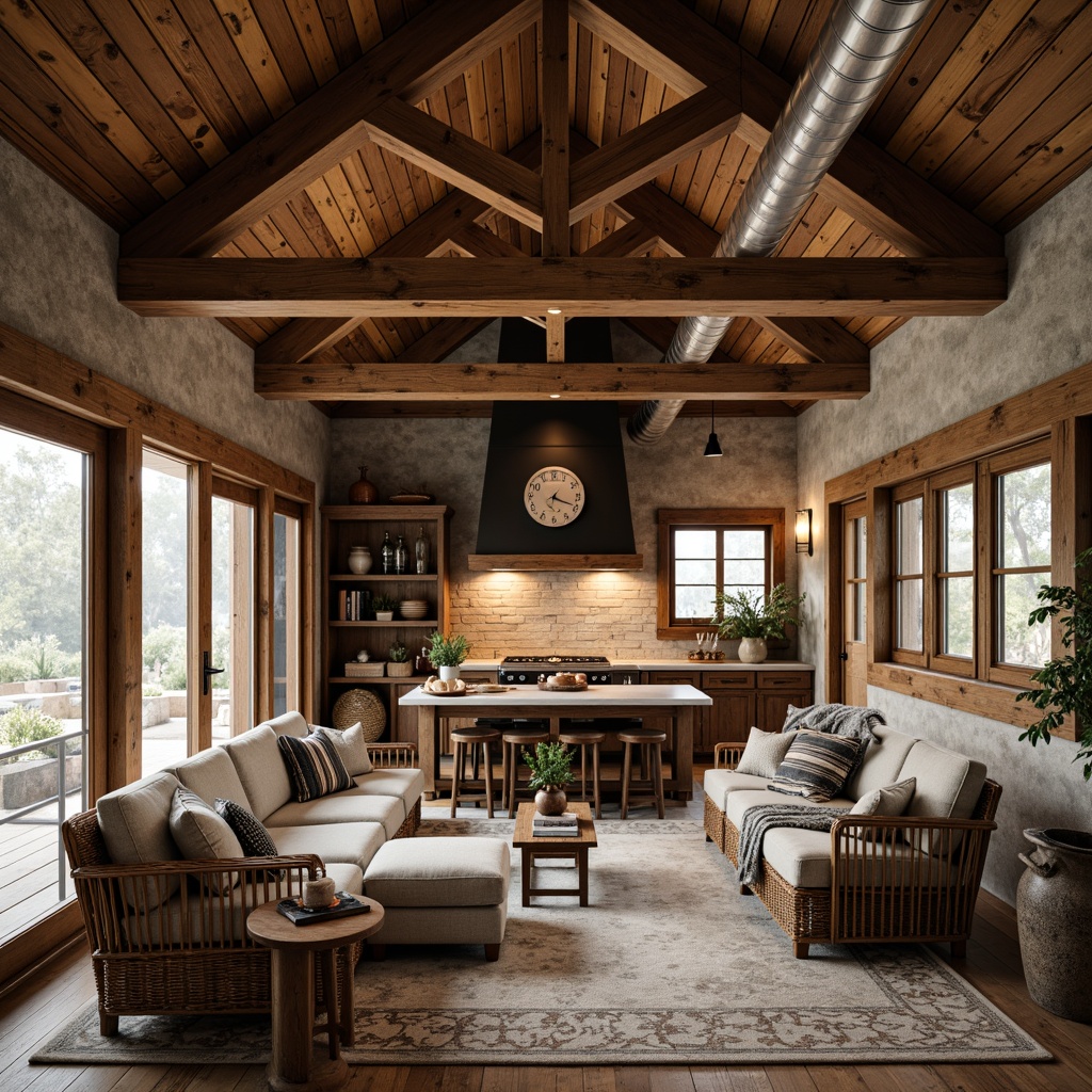 Prompt: Rustic farmhouse, wooden accents, vintage metal roofs, distressed finishes, earthy color palette, natural stone walls, wooden beams, exposed ductwork, country-inspired decor, plush furnishings, warm lighting, shallow depth of field, 1/1 composition, realistic textures, ambient occlusion.