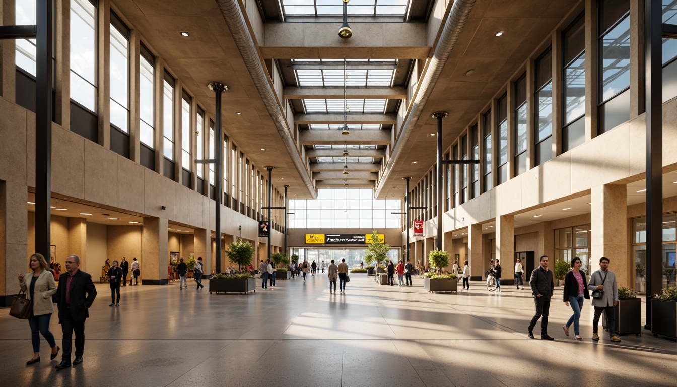 Prompt: Airport terminal, high ceilings, exposed ductwork, industrial chic lighting fixtures, warm beige tones, polished concrete floors, sleek metal columns, minimalist signage, natural stone accents, ample skylights, soft diffused lighting, dramatic spotlights, 1/2 composition, shallow depth of field, realistic reflections, ambient occlusion, bustling atmosphere, dynamic passenger flow.