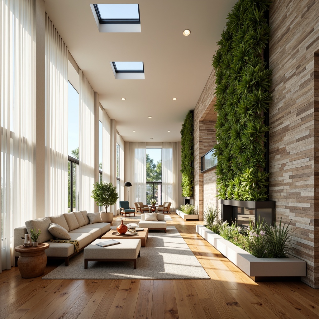 Prompt: Vibrant living room, floor-to-ceiling windows, sheer white curtains, polished hardwood floors, modern minimalist furniture, greenery wall accents, natural stone feature walls, open-plan layout, clerestory windows, skylights, soft warm lighting, shallow depth of field, 3/4 composition, panoramic view, realistic textures, ambient occlusion.