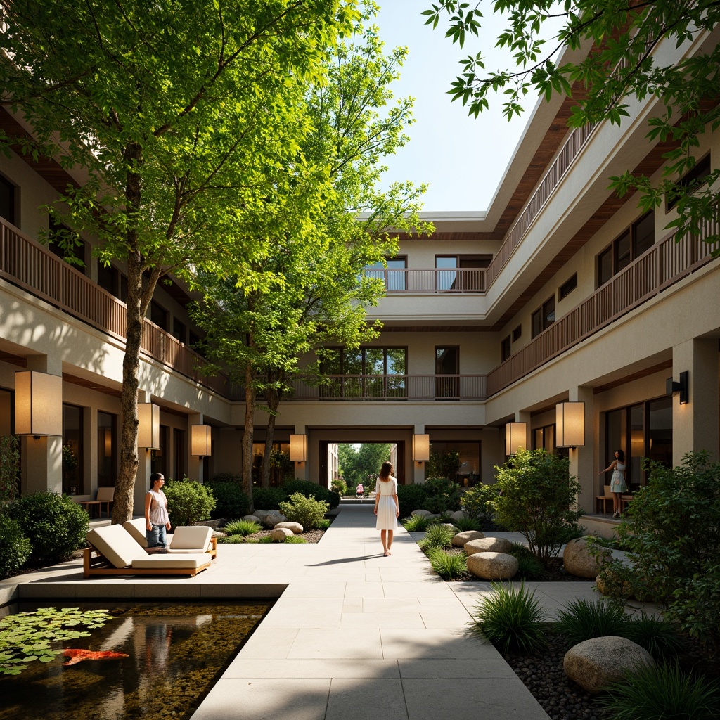 Prompt: Serenity-filled hospital courtyard, lush green bamboo, natural stone walls, wooden accents, paper lanterns, sliding shoji doors, tatami flooring, minimalist decor, soothing water features, koi ponds, tranquil gardens, warm lighting, shallow depth of field, 2/3 composition, horizontal layout, earthy tones, organic textures, subtle Asian-inspired patterns, calming ambiance, peaceful atmosphere.