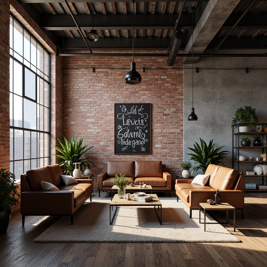 Prompt: Exposed brick walls, metal beams, reclaimed wood flooring, industrial chic lighting fixtures, vintage factory windows, distressed leather sofas, steel coffee tables, Edison bulb lamps, urban loft atmosphere, neutral color palette, concrete accent walls, metallic decorative accents, functional shelving units, minimalist decor, urban cityscape views, natural light pouring in, shallow depth of field, 1/2 composition, cinematic lighting, realistic textures.