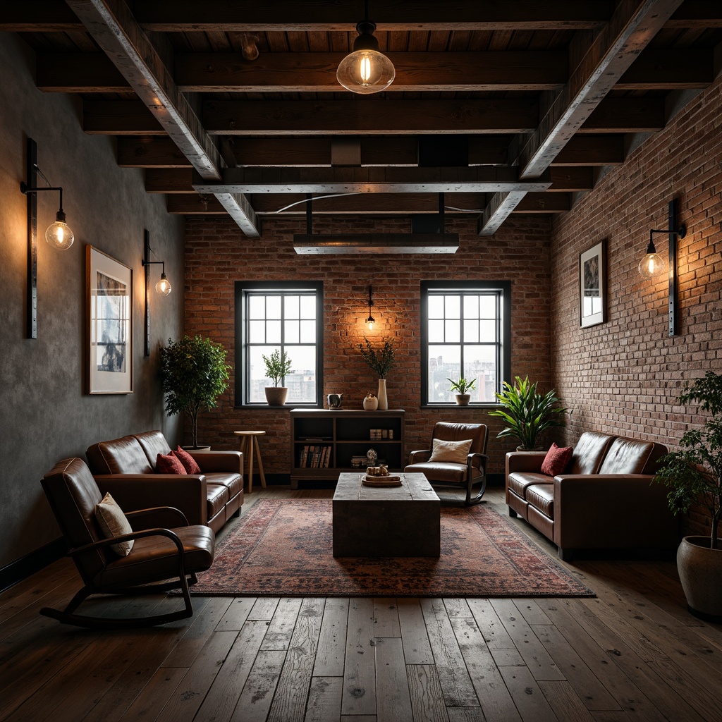 Prompt: Exposed brick walls, metal beams, reclaimed wood floors, industrial chic lighting fixtures, distressed leather sofas, vintage factory chairs, repurposed metal coffee tables, Edison bulb pendant lights, urban loft atmosphere, minimalist decor, functional industrial accents, raw concrete textures, moody color palette, dramatic shadows, low-key ambient lighting, 1/2 composition, cinematic perspective, richly textured fabrics.