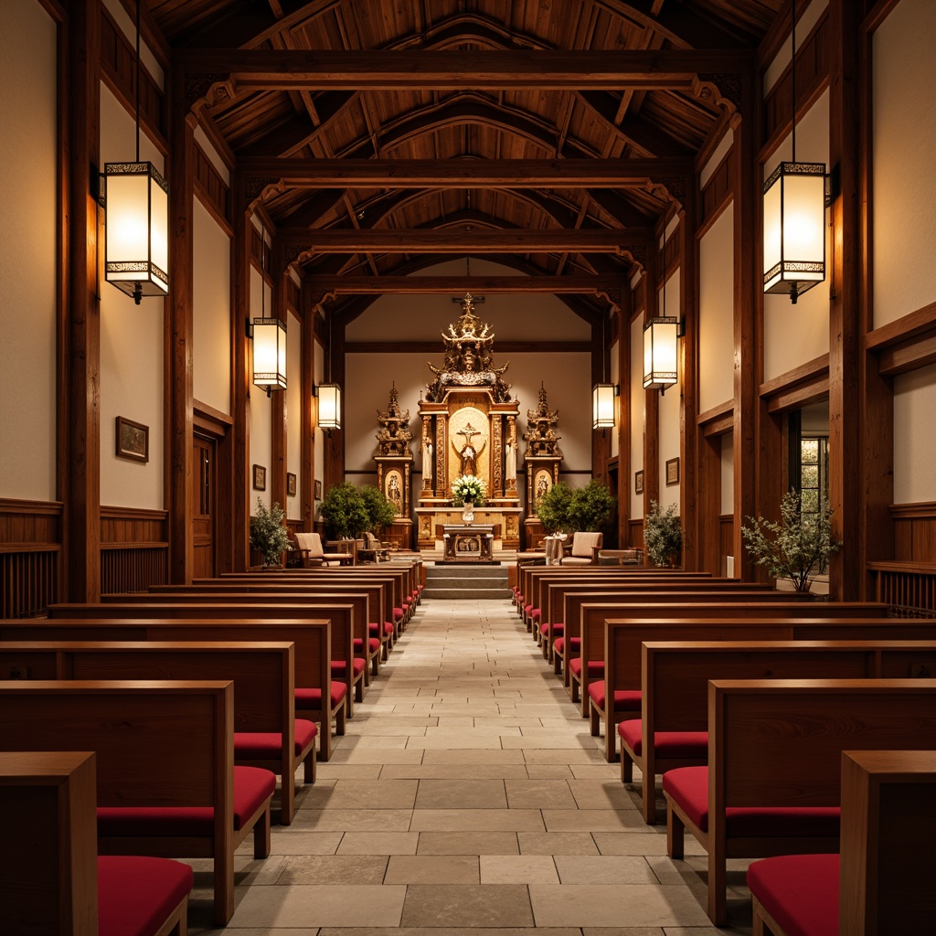 Prompt: Traditional Asian-style church interior, warm wooden tones, ornate carvings, lantern-inspired lighting fixtures, intricately designed altarpieces, plush red cushions, low-seating pews, natural stone flooring, minimalist decor, subtle aromas of incense, soft warm lighting, shallow depth of field, 1/1 composition, realistic textures, ambient occlusion.