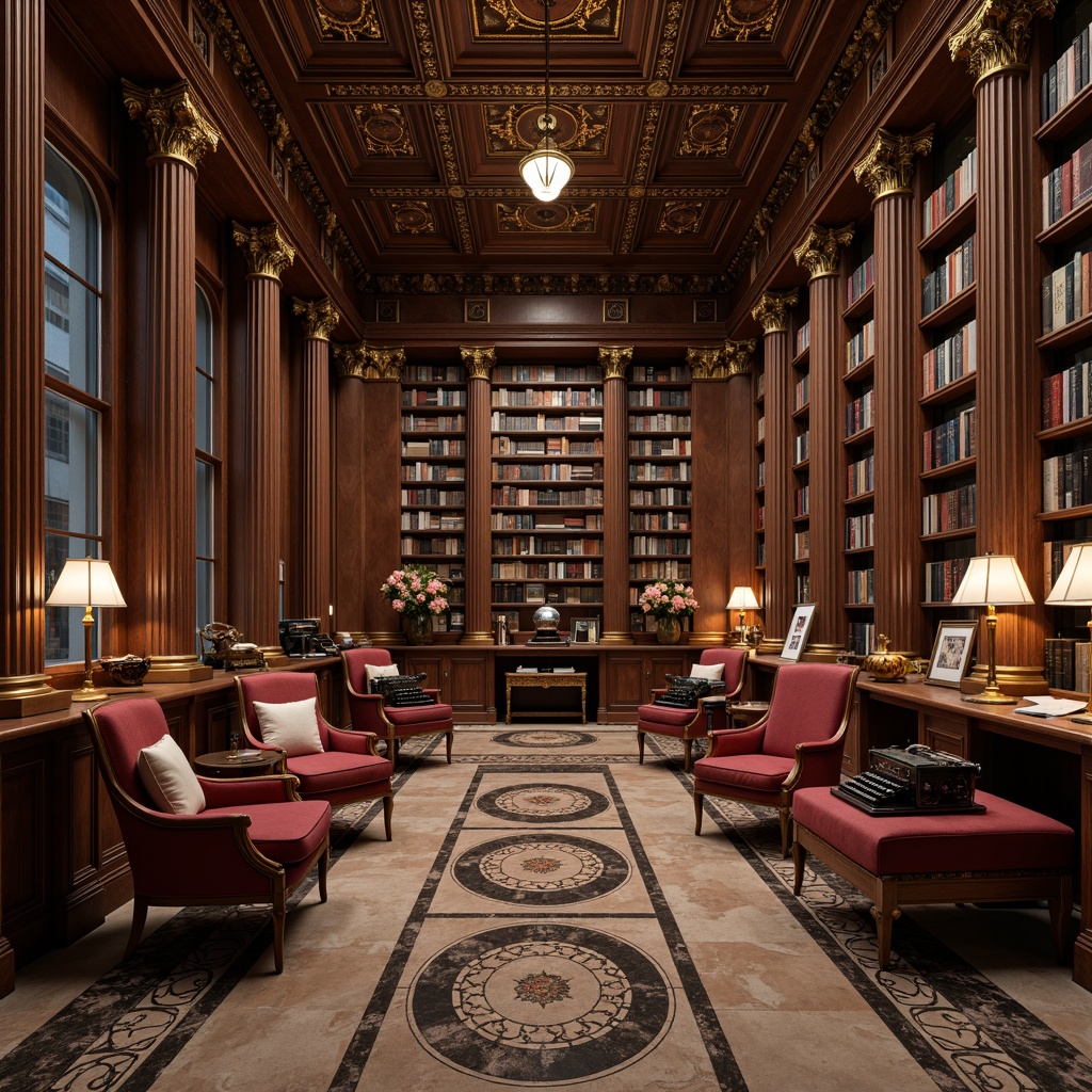 Prompt: Elegant bookshelves, ornate wooden accents, rich leather-bound tomes, vintage typewriters, antique reading lamps, plush velvet armchairs, intricate marble flooring, majestic columns, soft warm lighting, shallow depth of field, 1/2 composition, symmetrical framing, realistic textures, ambient occlusion.