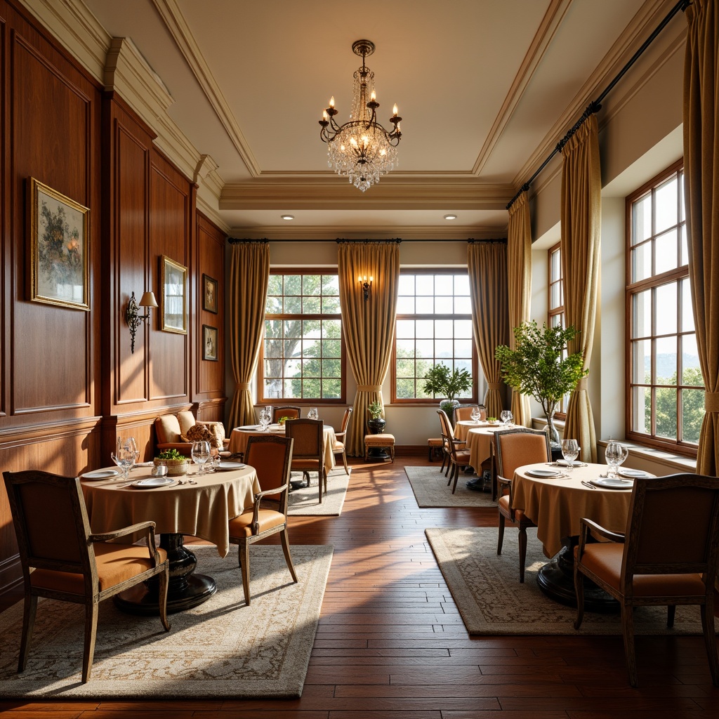 Prompt: Warm traditional dining room, rich wood tones, ornate furniture, classic chandeliers, soft cream walls, luxurious velvet fabrics, warm beige upholstery, elegant golden accents, subtle patterned rugs, large windows, natural daylight, soft diffused lighting, 1/1 composition, intimate atmosphere, realistic textures.