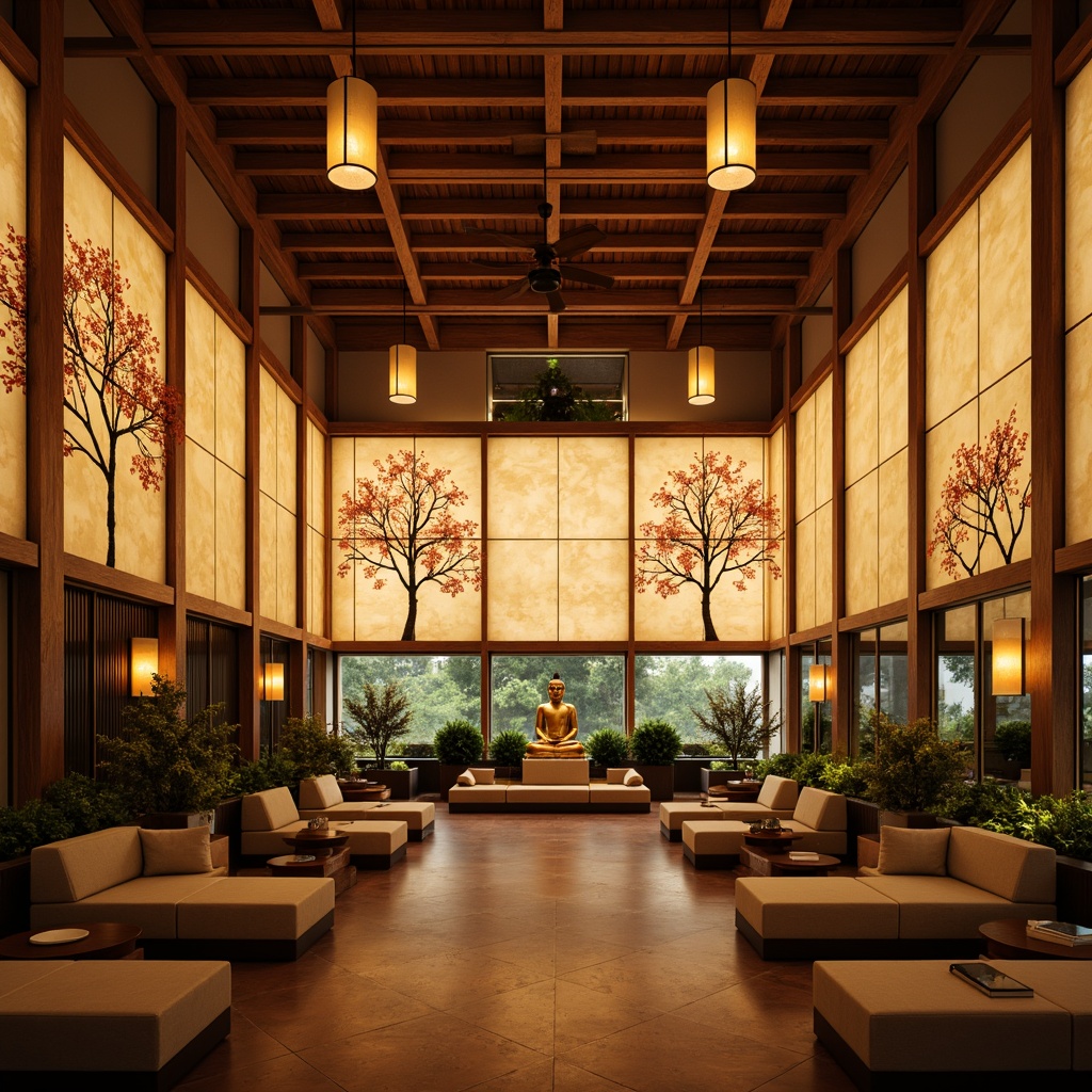 Prompt: Warm lantern lighting, soft golden glow, traditional Japanese shoji screens, natural wood accents, intricately carved wooden panels, subtle rice paper textures, serene Buddha statues, lush greenery, delicate cherry blossom patterns, warm beige tones, comfortable seating areas, low-seating coffee tables, sliding glass doors, cozy reading nooks, ambient indirect lighting, 1/2 composition, soft focus, warm color palette.