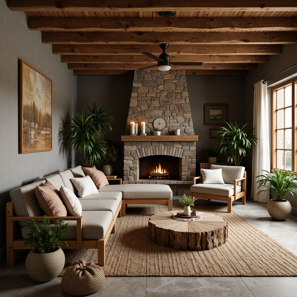 Prompt: Earthy living room, reclaimed wooden furniture, natural stone walls, woven jute rugs, potted greenery, earthy color palette, organic shapes, rustic metal accents, distressed wood textures, warm candle lighting, cozy atmosphere, 3/4 composition, shallow depth of field, realistic renderings.