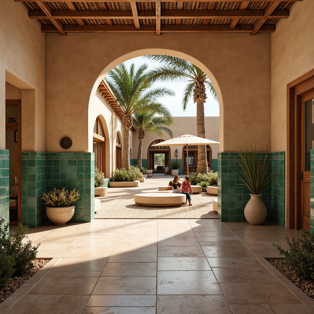 Prompt: Earthy southwestern shopping center, adobe-inspired architecture, warm beige stucco walls, rustic wooden accents, vibrant turquoise tiles, natural stone flooring, woven textiles, desert landscaping, cacti plants, palm trees, warm sunny day, soft warm lighting, shallow depth of field, 3/4 composition, realistic textures, ambient occlusion, earthy color palette, organic shapes, geometric patterns, tribal-inspired motifs.