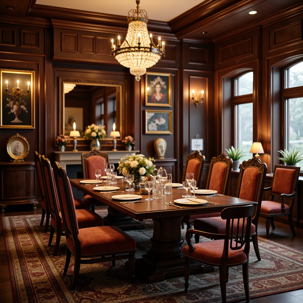 Prompt: Luxurious traditional dining room, ornate wooden furniture, intricately carved chairs, velvet upholstery, dark wood tones, rich fabrics, crystal chandeliers, golden accents, formal ambiance, elegant centerpieces, fine china displays, candlelit tablescape, soft warm lighting, shallow depth of field, 1/1 composition, realistic textures, ambient occlusion.