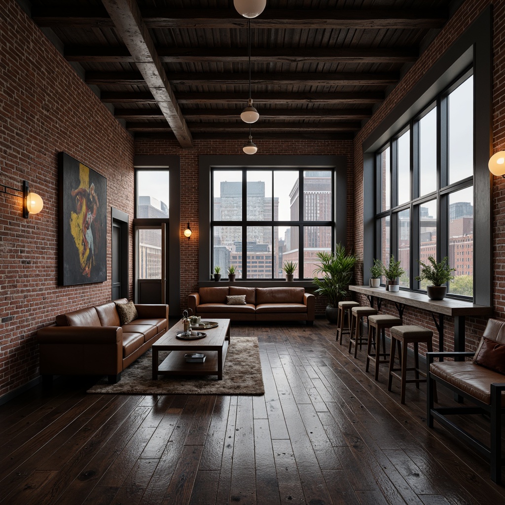 Prompt: Exposed brick walls, metal beam ceilings, reclaimed wood floors, industrial-style lighting fixtures, metal coffee tables, distressed leather sofas, vintage factory carts, concrete accent walls, urban cityscape views, moody dark colors, dramatic shadows, warm ambient lighting, shallow depth of field, 2/3 composition, cinematic atmosphere, realistic textures, ambient occlusion.