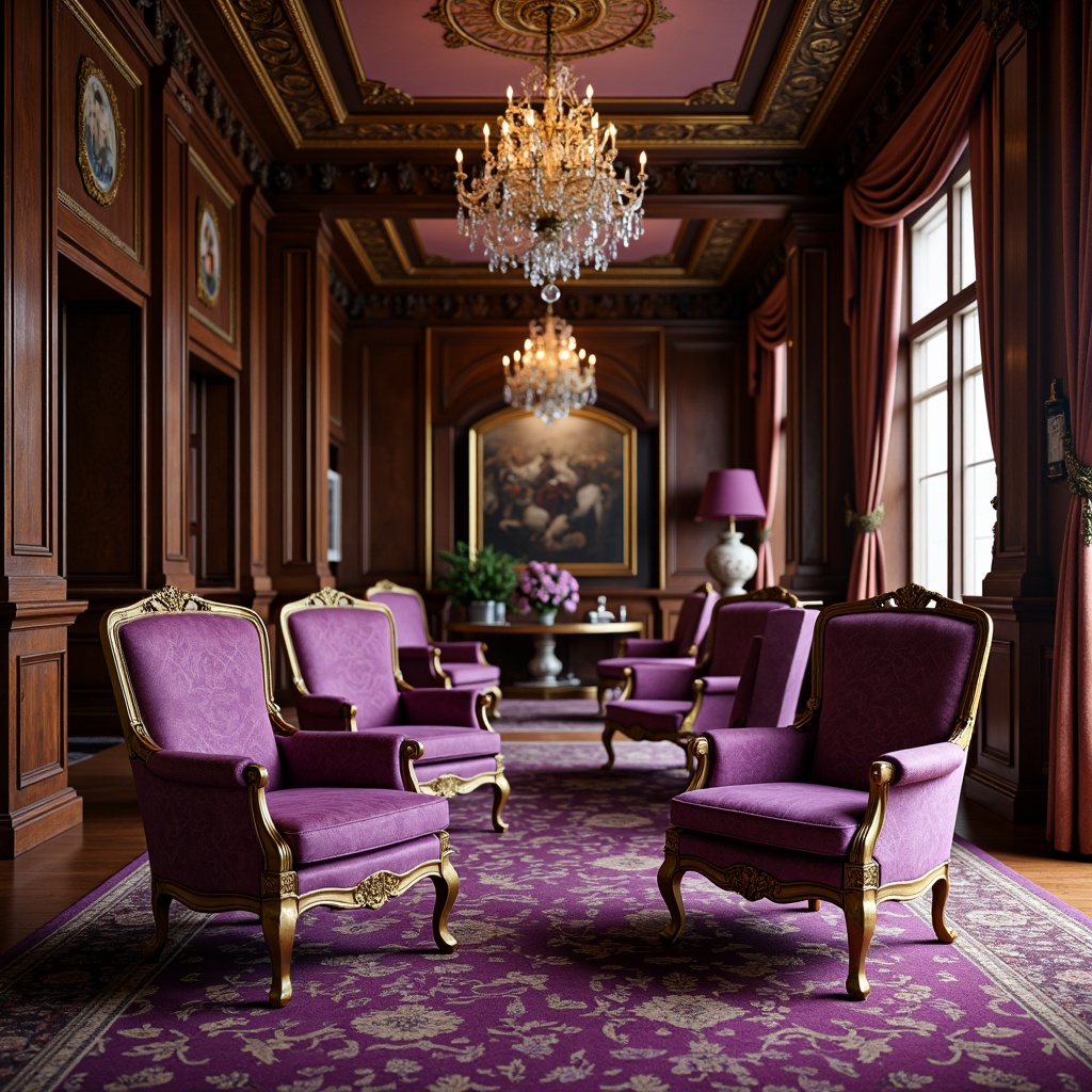 Prompt: Ornate armchairs, plush velvet upholstery, intricately carved wooden legs, golden brass accents, crystal chandeliers, luxurious silk fabrics, rich mahogany wood tones, opulent drapery, lavish furnishings, intricate patterns, regal purple hues, soft warm lighting, 1/2 composition, shallow depth of field, realistic textures, ambient occlusion.