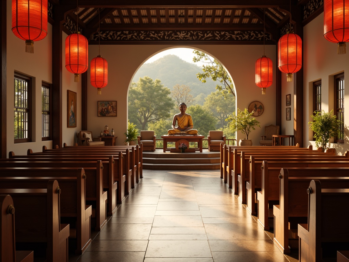 Prompt: Traditional Asian-style church interior, ornate wooden pews, intricately carved altarpieces, vibrant red lanterns, delicate paper fans, serene Buddha statues, natural stone flooring, minimalist decorative accents, warm soft lighting, shallow depth of field, 1/1 composition, intimate atmosphere, subtle incense scent, peaceful ambiance, gentle morning light, warm beige tones, elegant curves, simplistic design, cultural heritage-inspired patterns.