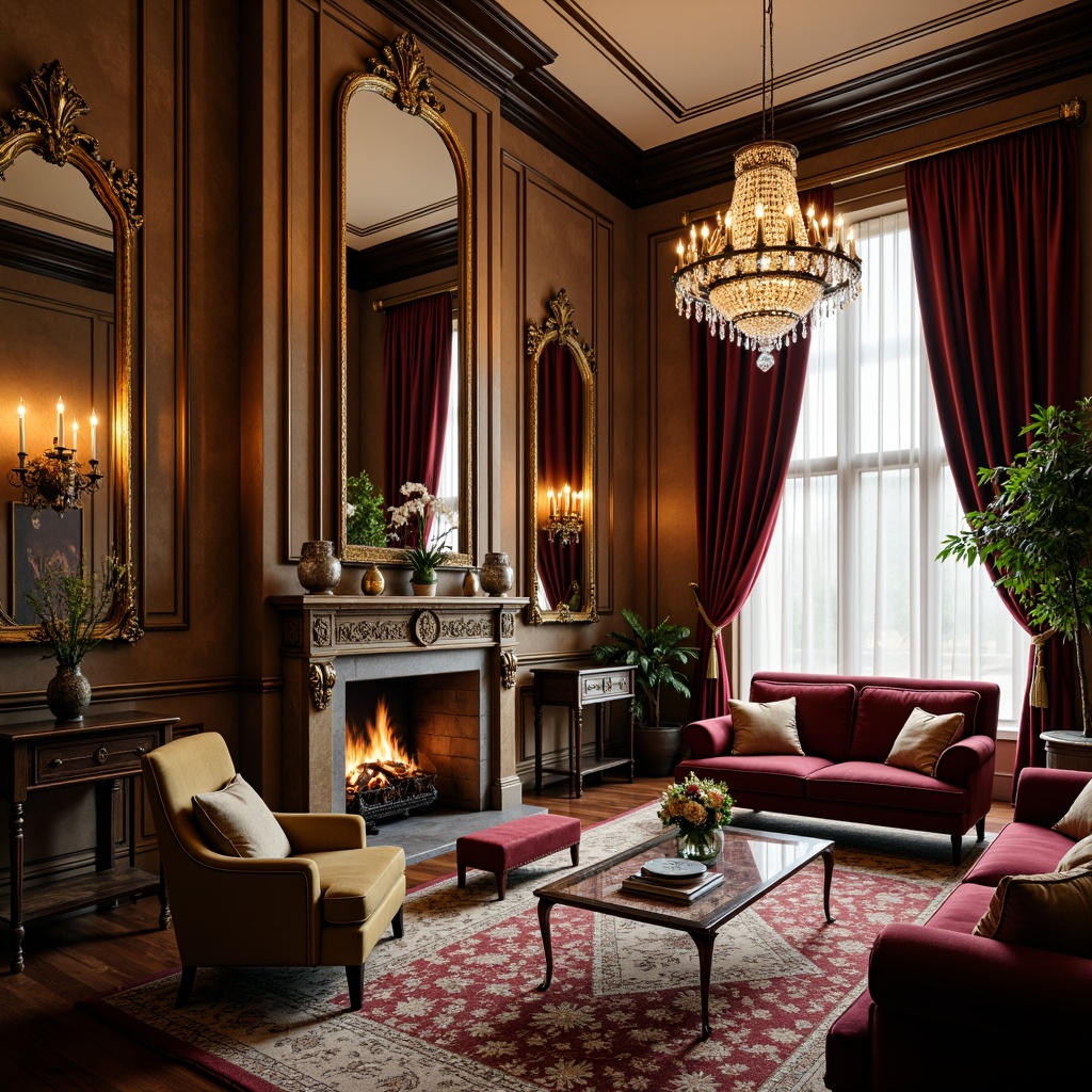 Prompt: Luxurious living room, ornate mirrors, crystal chandeliers, plush velvet sofas, intricately carved wooden furniture, richly patterned rugs, golden accents, lavish drapery, majestic stone fireplaces, ambient warm lighting, soft focus blur, shallow depth of field, 2/3 composition, inviting atmosphere, opulent textures, realistic reflections.