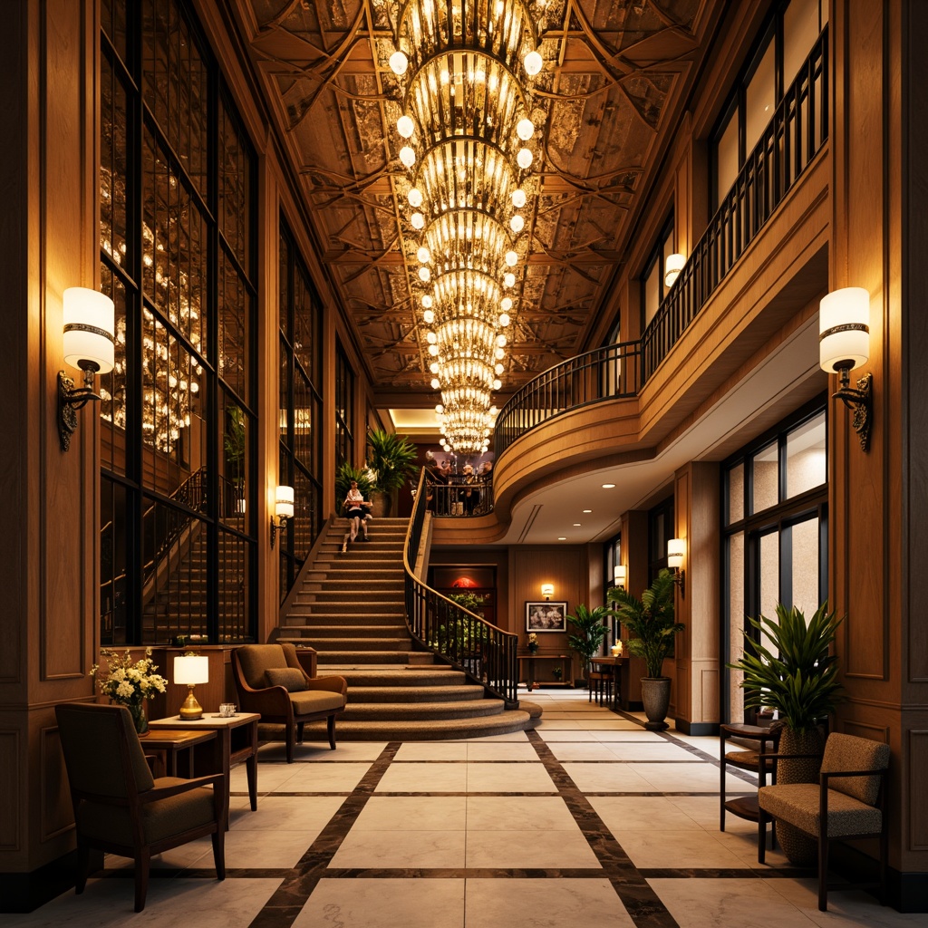 Prompt: Luxurious hotel lobby, opulent chandeliers, metallic accents, rich wood paneling, geometric patterns, ornate mirrors, lavish furnishings, grand staircase, intricate moldings, warm golden lighting, soft diffused glow, crystal sconces, velvet drapes, marble floors, glamorous atmosphere, sophisticated ambiance, 1920s flair, retro-futuristic elements, dramatic spotlights, shallow depth of field, 2/3 composition, cinematic view, high-contrast rendering.