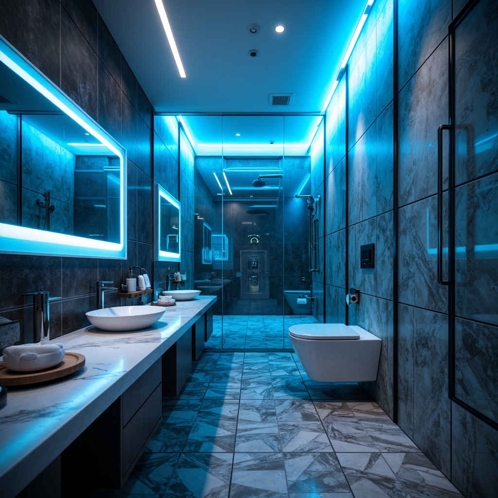 Prompt: Futuristic bathroom, neon-lit mirror, LED strip lighting, high-gloss countertops, sleek metal sink basins, touchless faucets, wall-mounted toilets, geometric-patterned floor tiles, transparent glass shower doors, rainfall showerheads, chrome-plated fixtures, minimalist cabinets, ambient blue lighting, soft focus blur, shallow depth of field, 1/2 composition, detailed textures, realistic reflections.