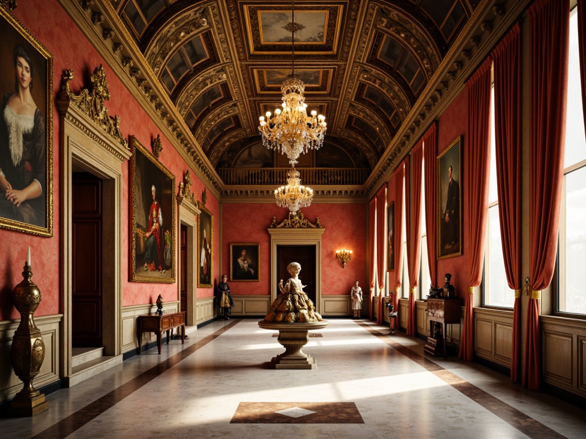 Prompt: Elegant museum interior, ornate molding details, intricate carvings, luxurious fabrics, gilded frames, Baroque-inspired designs, grand chandeliers, high ceilings, marble floors, velvet drapes, warm golden lighting, shallow depth of field, 1/1 composition, realistic textures, ambient occlusion.