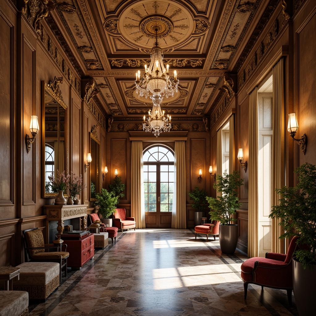 Prompt: Luxurious neoclassical interior, ornate moldings, carved wooden paneling, polished marble floors, crystal chandeliers, gilded accents, velvet upholstery, rich brocade fabrics, intricate carvings, subtle distressed textures, warm golden lighting, softbox shadows, 1/2 composition, shallow depth of field, realistic reflections, ambient occlusion.