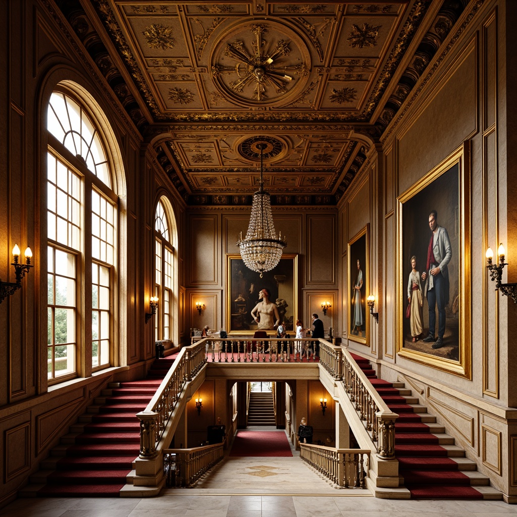 Prompt: Grand museum interior, ornate molding details, intricate plasterwork, rich wood paneling, gilded frames, Baroque-inspired architecture, sweeping staircase, ornamental railings, lavish chandeliers, marble floors, velvet drapes, 18th-century Renaissance revival style, warm golden lighting, shallow depth of field, 1/1 composition, symmetrical view, realistic textures, ambient occlusion.