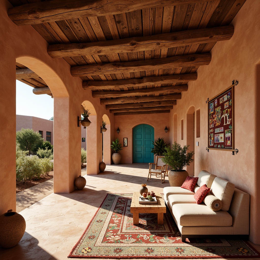 Prompt: Earthy adobe buildings, warm terracotta walls, rustic wooden beams, vibrant turquoise accents, sandy beige floors, woven natural fiber rugs, bold geometric patterns, colorful Native American-inspired textiles, rich sienna reds, soft sage greens, creamy whites, warm golden lighting, shallow depth of field, 3/4 composition, panoramic view, realistic textures, ambient occlusion.