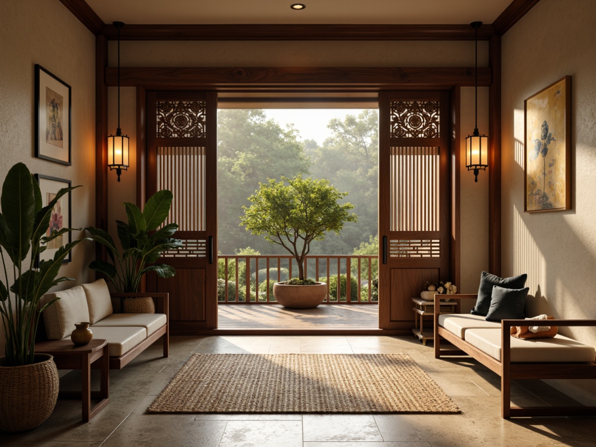 Prompt: Asian-inspired entryway, wooden sliding doors, natural stone flooring, woven bamboo mat, low-seating bench, intricately carved wooden console table, ornate metal lanterns, lush green plants, paper lantern-inspired pendant lights, warm beige walls, rich wood tones, subtle golden accents, soft diffused lighting, shallow depth of field, 1/1 composition, realistic textures, ambient occlusion.