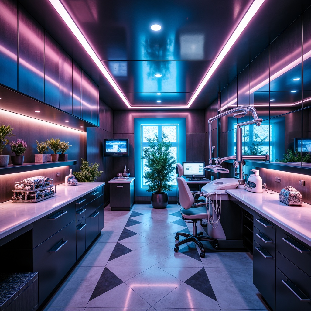 Prompt: Glossy metallic walls, neon-lit accents, futuristic dental equipment, sleek minimalist cabinets, holographic displays, LED lighting strips, geometric patterned flooring, high-gloss epoxy resin countertops, chrome-plated fixtures, ambient atmospheric soundscapes, soft pulsing lights, shallow depth of field, 3/4 composition, panoramic view, realistic metallic textures, ambient occlusion.