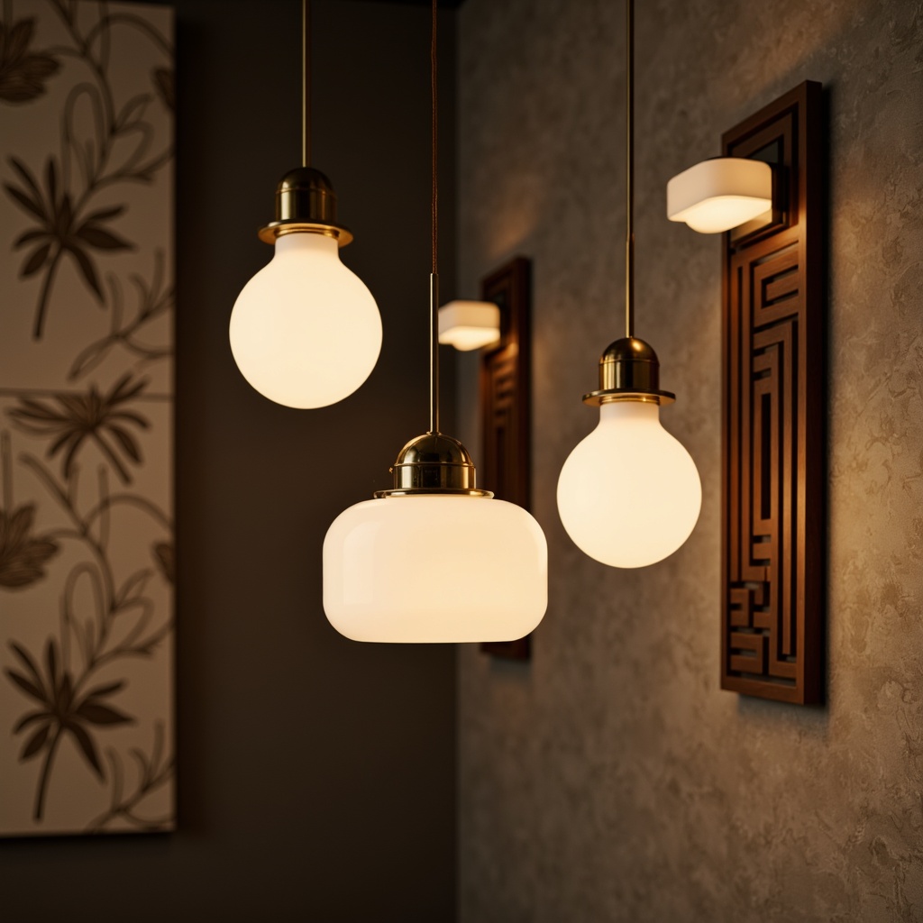 Prompt: Sleek pendant lamps, brass accents, frosted glass shades, walnut wood tones, minimalist silhouettes, retro-inspired sconces, geometric patterned screens, natural linen fabrics, earthy color palette, warm ambient glow, softbox lighting effects, 1/2 composition, shallow depth of field, realistic textures, subtle shadow mapping.