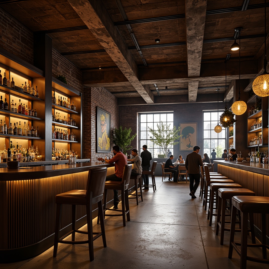 Prompt: Luxurious bar interior, richly textured surfaces, reclaimed wood accents, metallic tones, polished concrete floors, industrial-chic decor, exposed brick walls, rustic wooden beams, vintage-inspired lighting fixtures, leather-upholstered stools, warm ambient glow, soft focus blur, 1/2 composition, atmospheric misting, moody color palette.